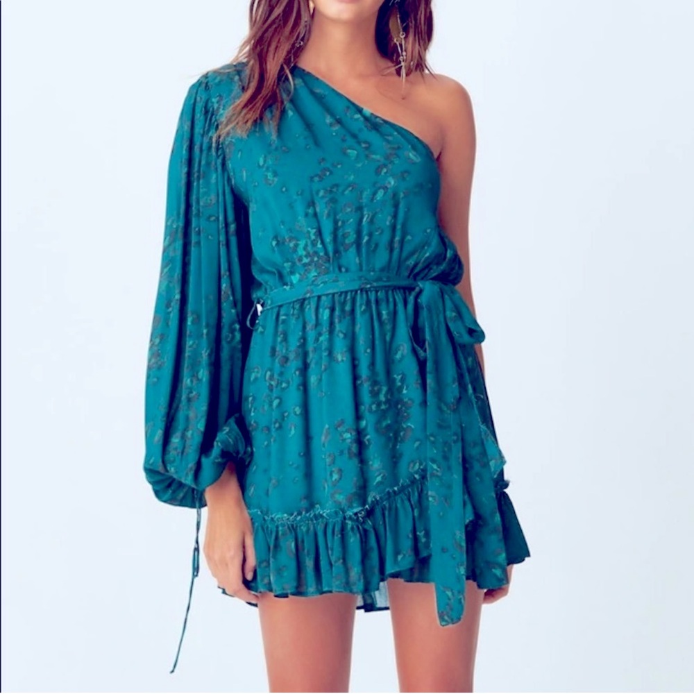 Jen’s Pirate Booty *Mesa* one shoulder mini dress in emerald leopard XS